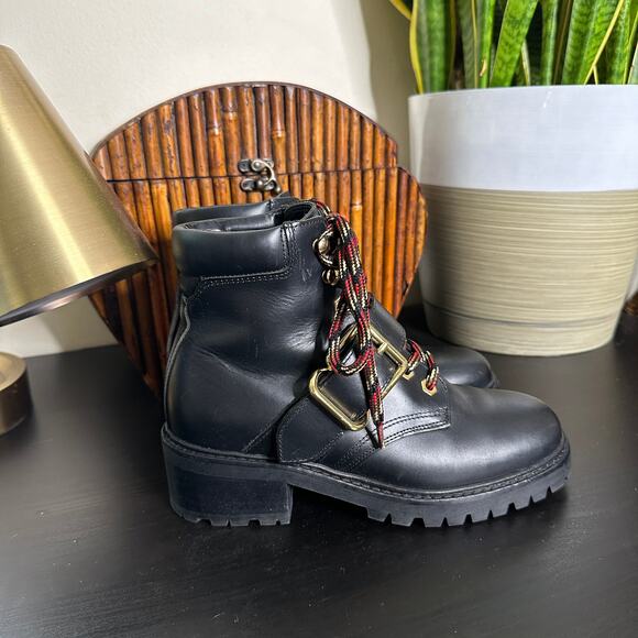 SANDRO PARIS Noir Grant Lace Up Leather Combat Buckle Boots Black - Picture 3 of 10